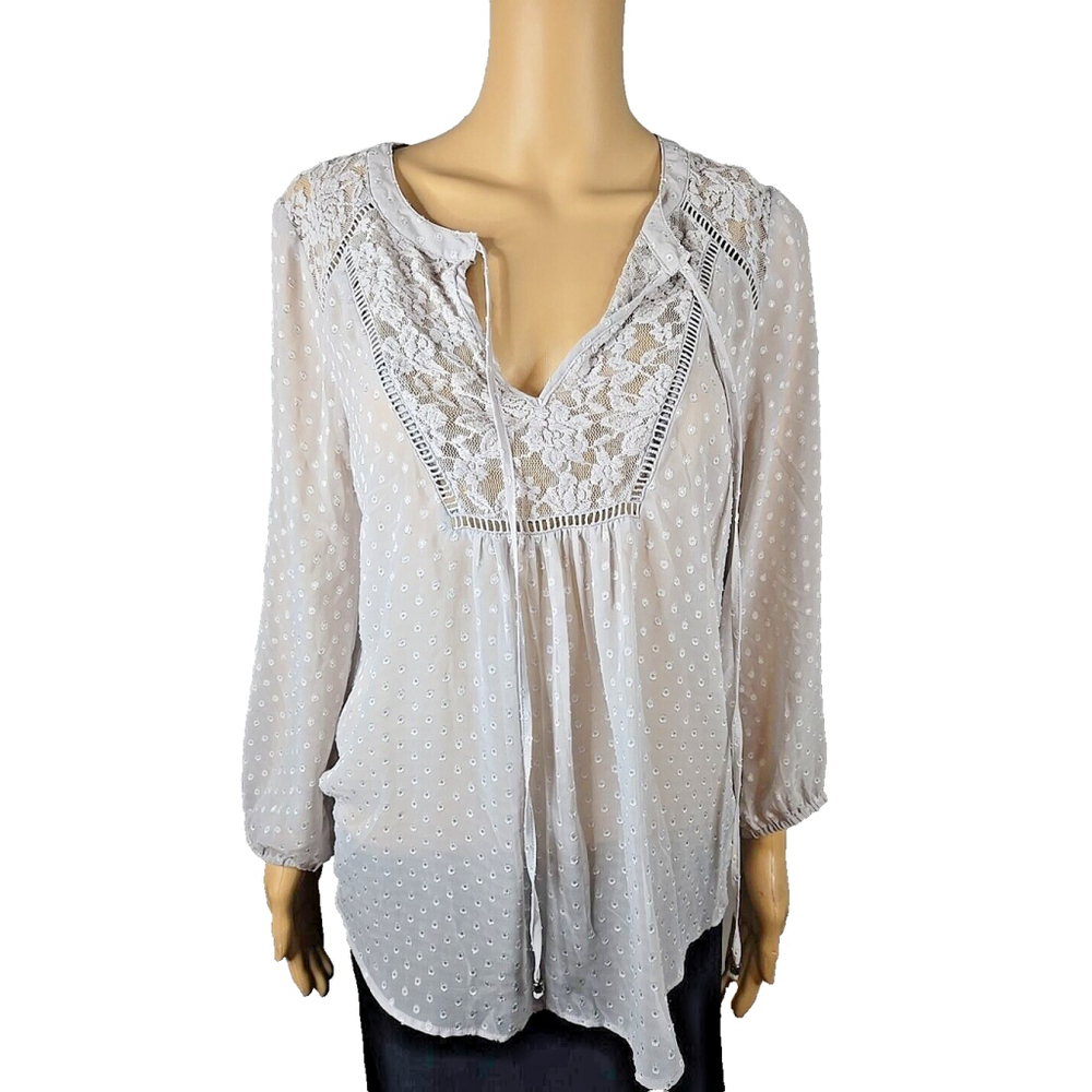 Daniel Rainn Women's Gray Sheer Swiss Dot Lace Long Sleeve Blouse Size Medium